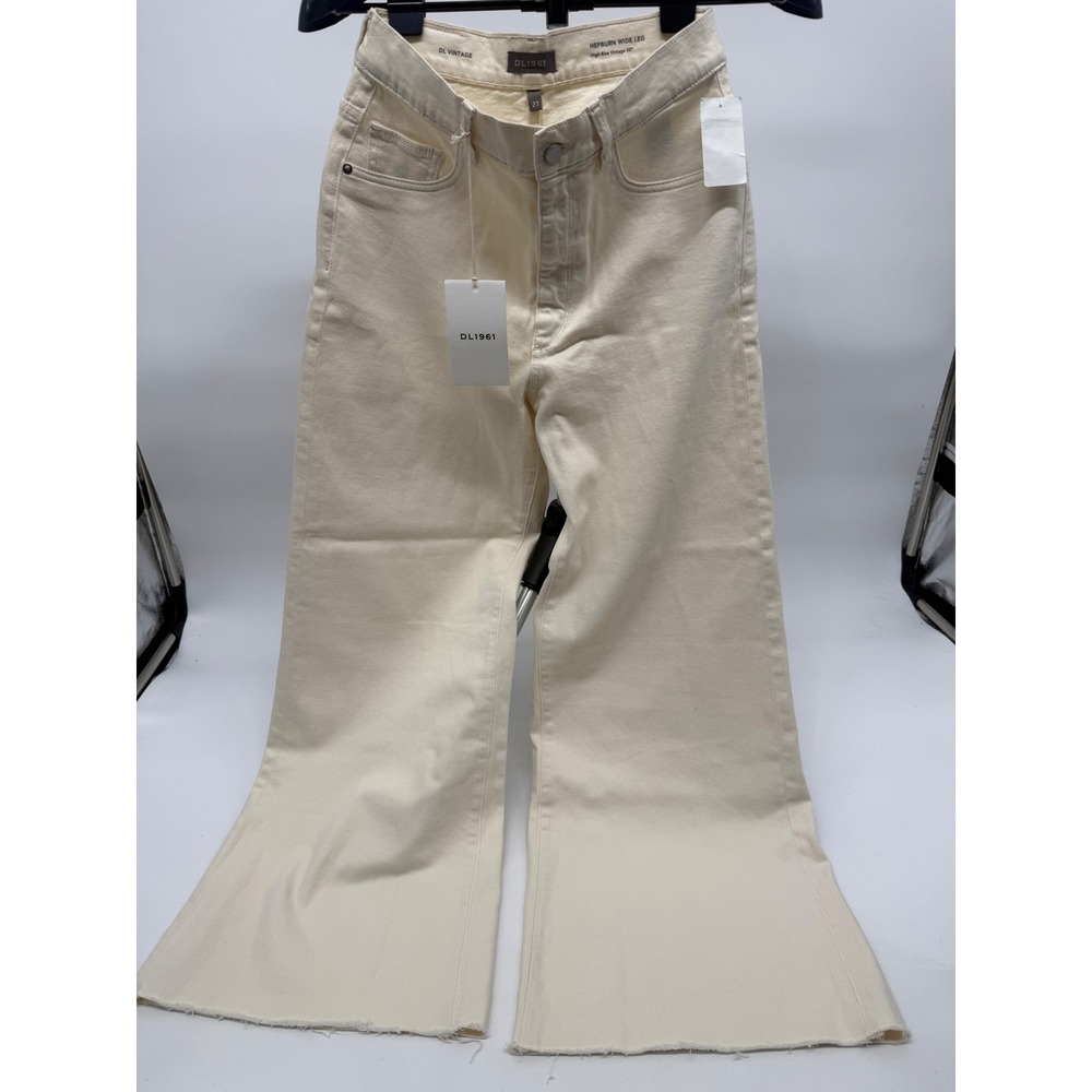 DL1961 Hepburn Wide Leg High Rise Vintage Jeans Ecru Cream Raw Hem 27